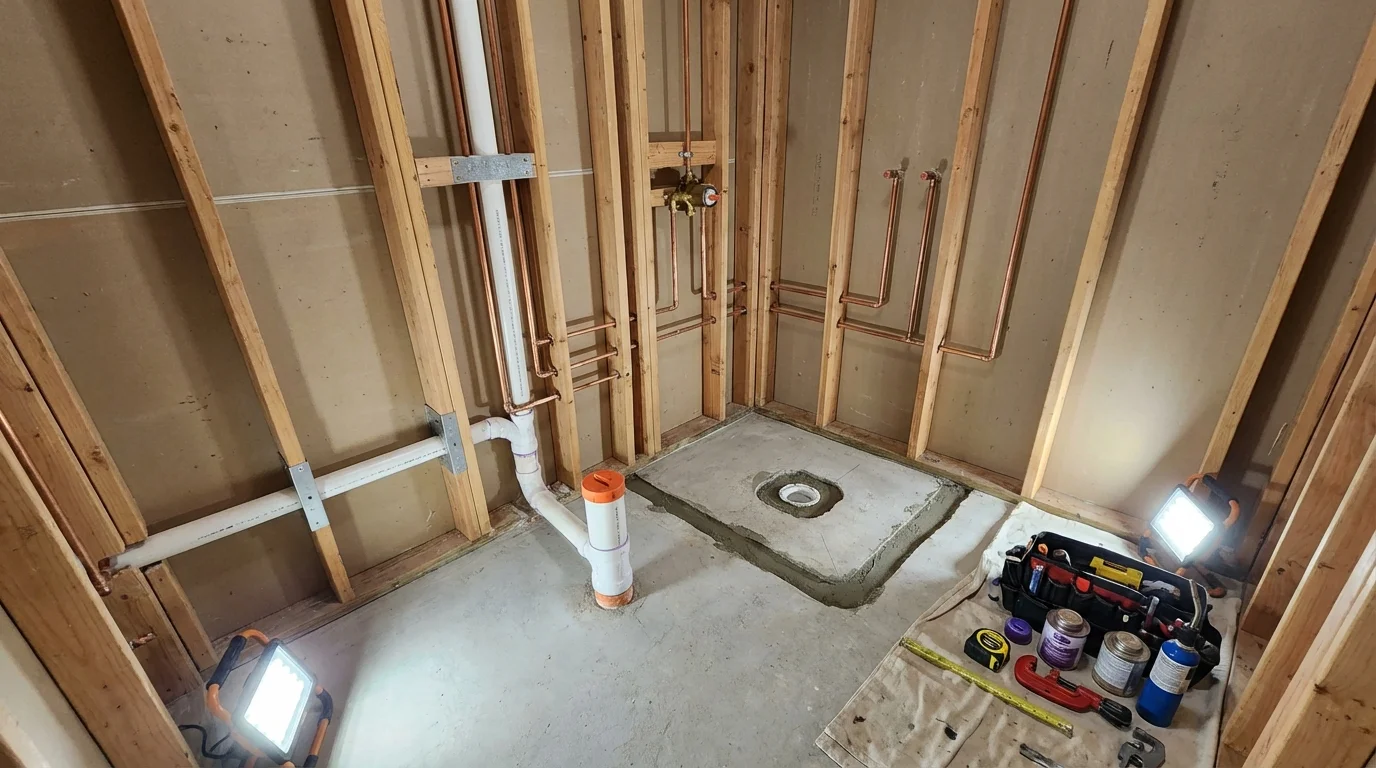 Bathroom rough-in plumbing during remodel by Johns Plumbing LLC in Gibbstown