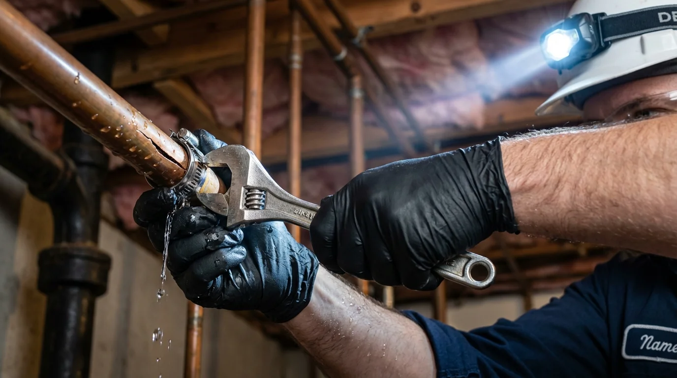 Emergency pipe clamp repair being performed by a Johns Plumbing LLC plumber in Gibbstown