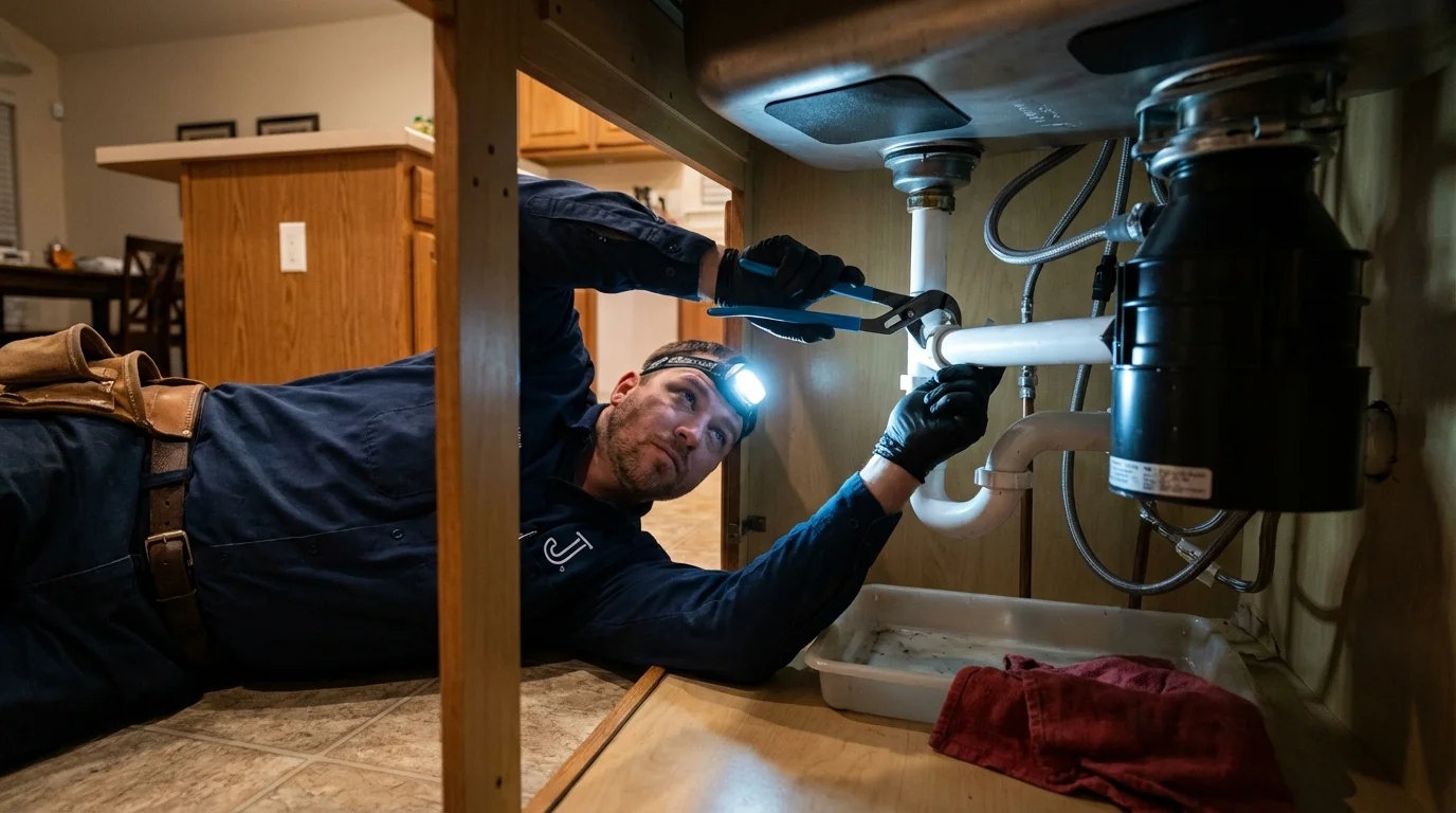 P-trap and supply line connections under a kitchen sink showing a common leak point in Gibbstown, NJ